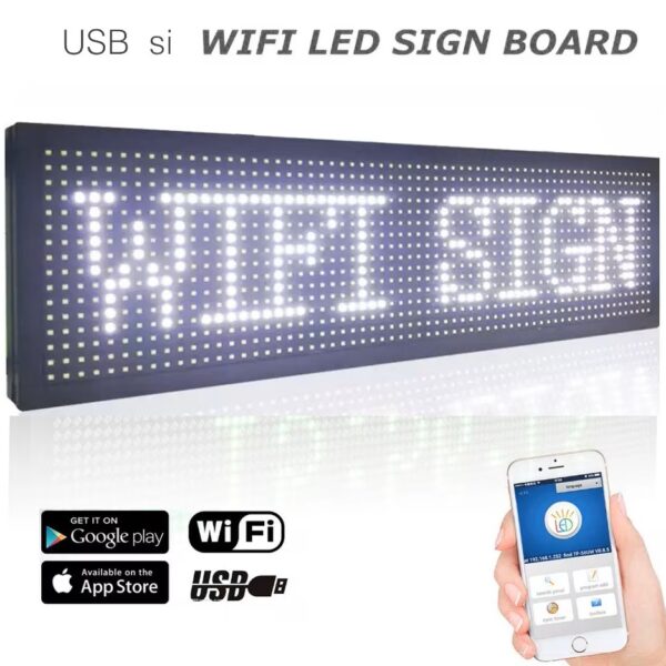 Panou Led ALB pentru reclamă cu WiFi - 68 cm x 17,5 cm, pe care puteți schimba cu ușurință culoarea textului tastat Dvs.